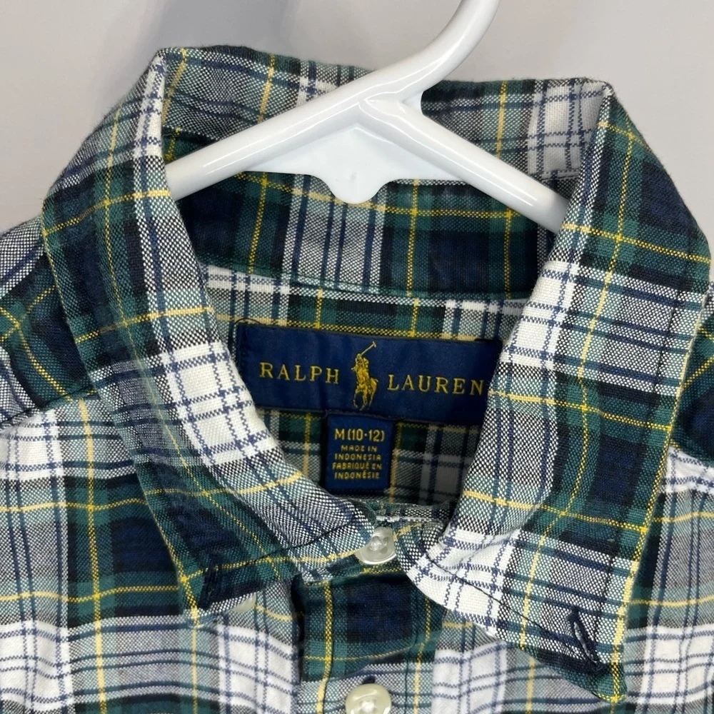 Ralph Lauren Boys Medium Green White Navy Plaid Button Down Shirt